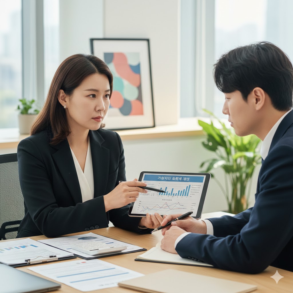 세무사가 고객에게 가상자산 소득세 설명하는 모습