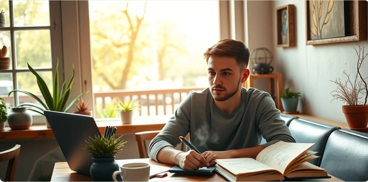 카페 창가에서 노트북과 노트를 펼쳐 하루 계획을 정리하는 사람