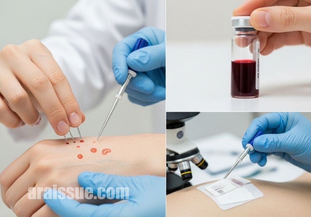 피부단자시험, 혈액 검사 등 아토피 진단 과정을 보여주는 한국인 의료진의 모습과 도구들