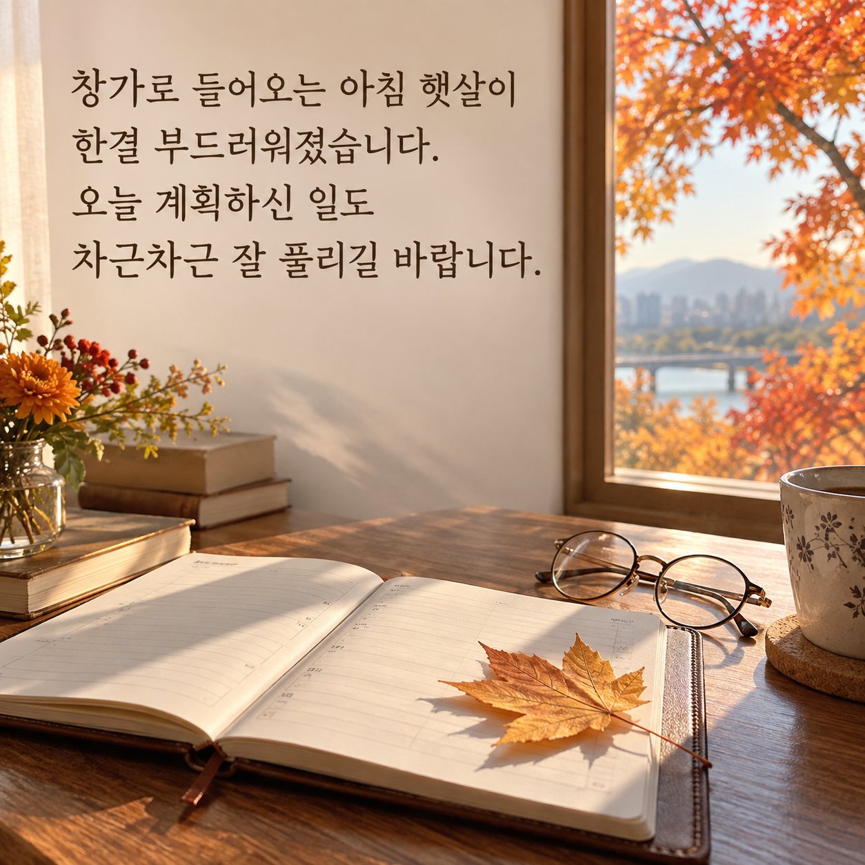 가을 아침 인사 이미지 14 — 창가로 들어오는 아침 햇살이 한결 부드러워졌습니다. 오늘 계획하신 일도 차근차근 잘 풀리길 바랍니다.