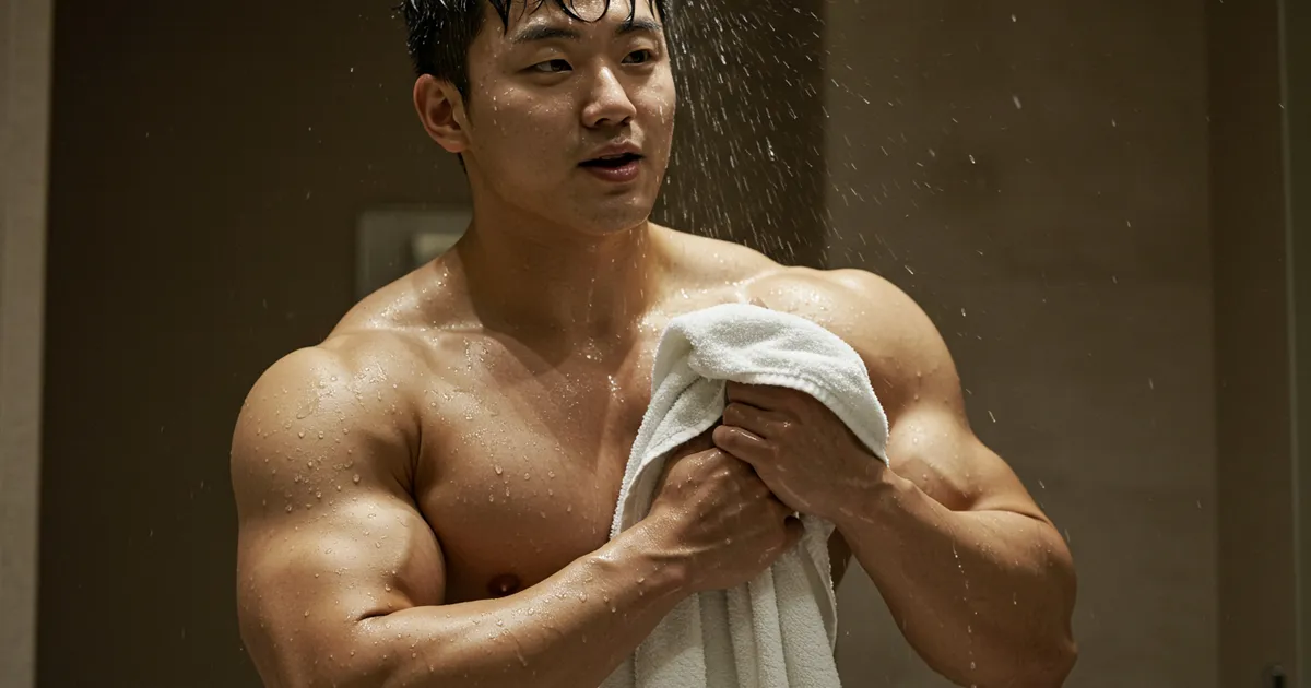 샤워가 끝나고 몸을 닦는 운동선수 이미지