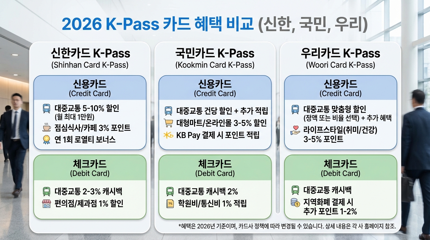 2026년 출시된 신한, 국민, 우리 K-패스 카드의 신용카드와 체크카드 혜택을 비교하는 전문적인 이미지