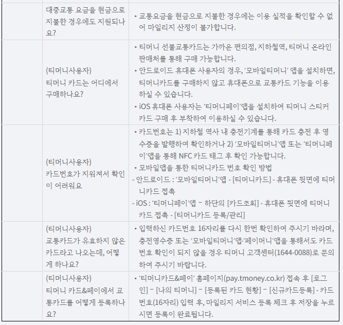티머니 교통카드 관련 질문과 답변이 적혀있다.