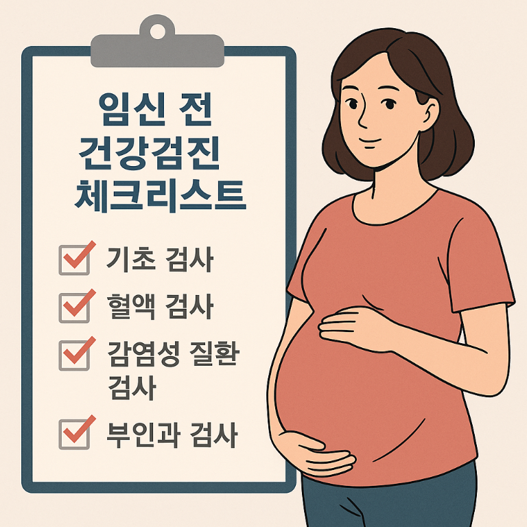 임신 건강검진 체크리스트와 산모 그림