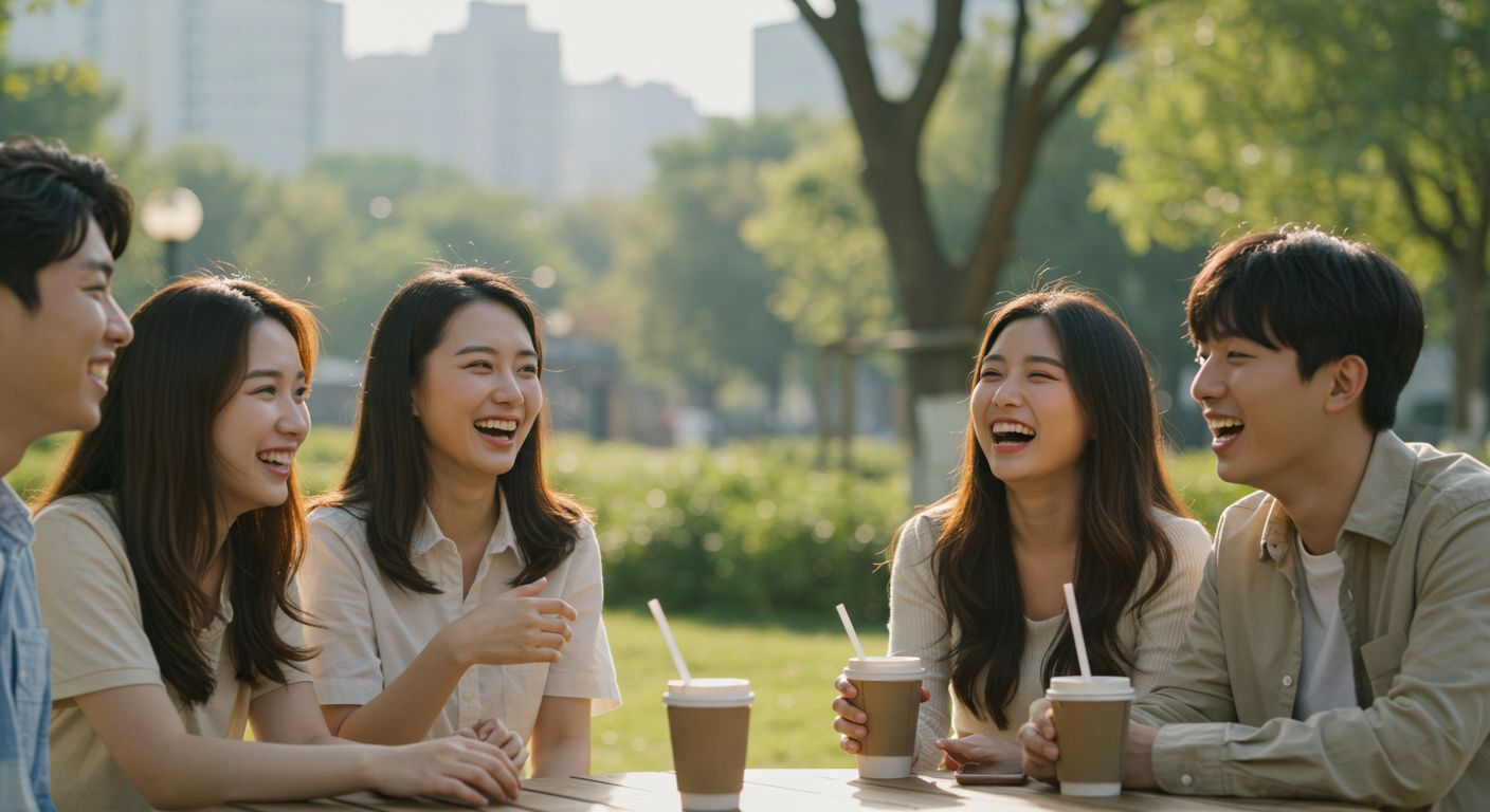 서울의 야외 카페에서 밝은 표정으로 웃고 있는 20대 한국 친구들, 햇살 아래 자연스럽고 유쾌한 분위기