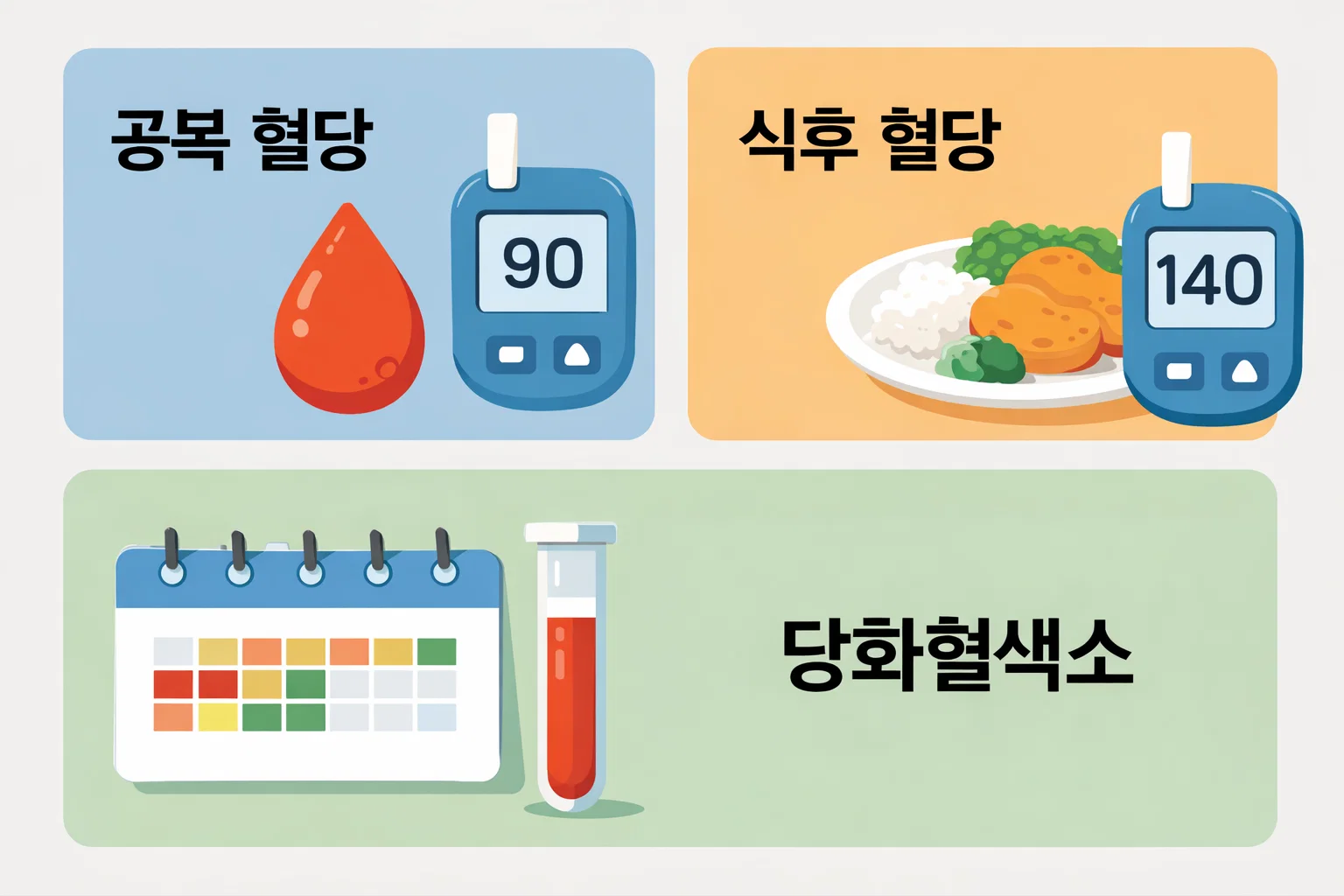 당뇨병 예방방법에서 핵심이 되는 공복 혈당과 식후 혈당, 당화혈색소 수치 기준을 통해 정상 범위 유지가 왜 중요한지 수치 관리 관점으로 설명한 이미지입니다