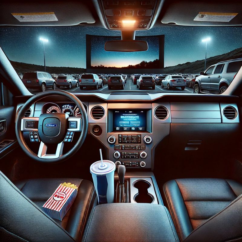 A realistic view from inside a car at a drive-in movie theater at night., 실내에서 본 자동차극장