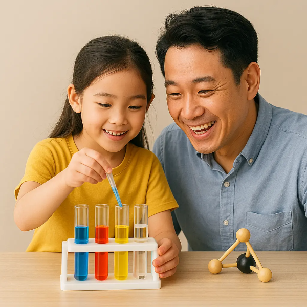 초등학생 딸과 아빠가 함께 책상 위에서 과학 실험을 즐기며 밝게 웃는 모습, 실내 자연광 아래 몰입한 표정과 친밀한 상호작용을 담은 따뜻한 장면, 텍스트 없음