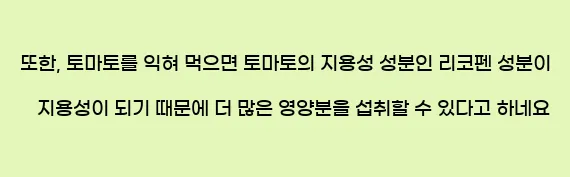 또한, 토마토를 익혀 먹으면 토마토의 지용성 성분인 리코펜 성분이 지용성이 되기 때문에 더 많은 영양분을 섭취할 수 있다고 하네요