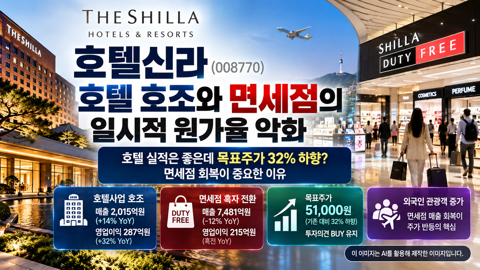 호텔신라 기업분석, 호텔사업 실적 호조와 면세점 원가율 악화, 목표주가 51,000원 하향 및 2027년 면세점 실적 회복 전망