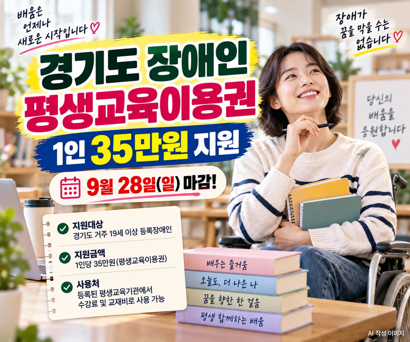 경기도 거주 19세 이상 등록장애인에게 평생교육 강좌 수강료와 교재비로 사용할 수 있는 평생교육이용권 1인당 35만원을 지원하며 9월 28일 신청 마감하는 내용을 안내하는 이미지
