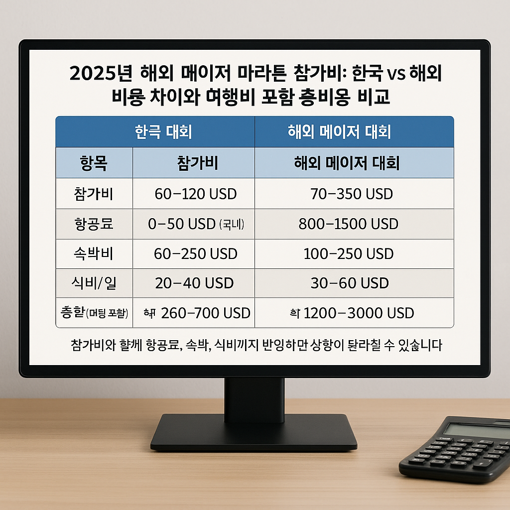 2025년 기준 한국 마라톤과 해외 메이저 마라톤의 참가비, 항공료, 숙박, 식비, 총합 비용 비교표가 모니터 화면에 정리된 모습. 계산기와 나무 책상이 함께 배치됨