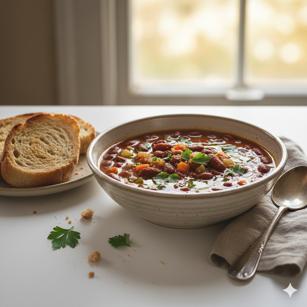 토마토 소스에 붉은 강낭콩과 각종 채소를 넣어 뭉근하게 끓여낸 진한 강낭콩 스튜