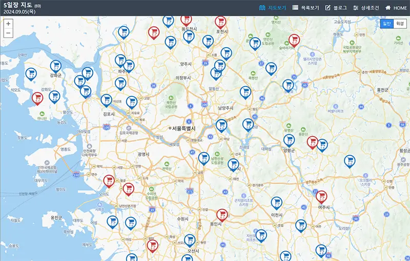 인천 경기지역 오일장 지도 바로가기