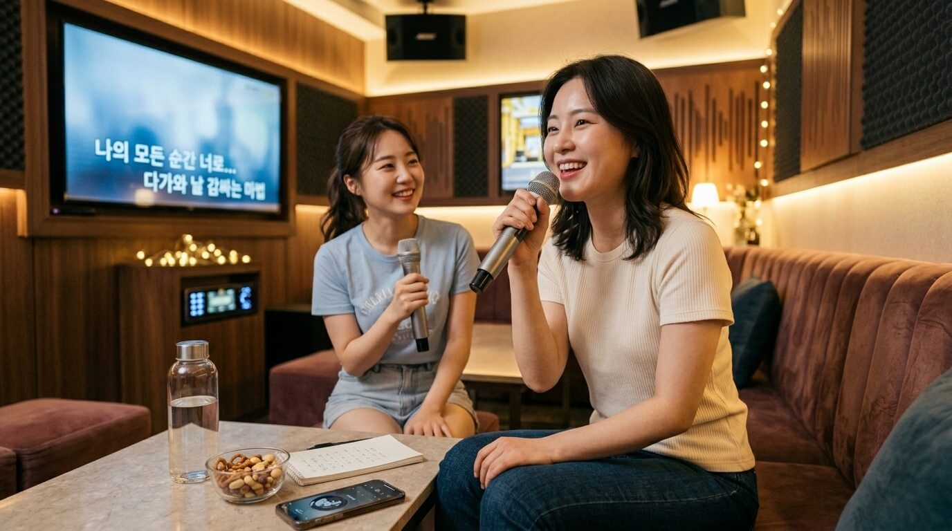 노래를 부르며 즐겁게 웃고 있는 사람