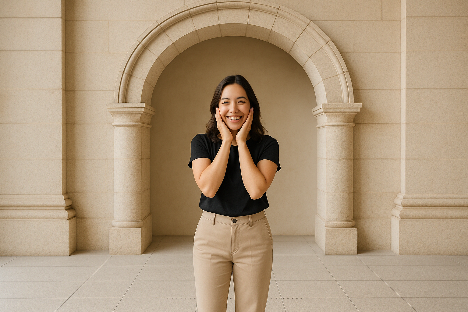 "보행로 포토존 클로즈업: 아치형 구조의 자연 프레이밍, 부드러운 사이드라이트와 벽·바닥 반사광, 배경 대비 25–35%, 무광 난간과 촬영 위치를 암시하는 점형 바닥 라인"