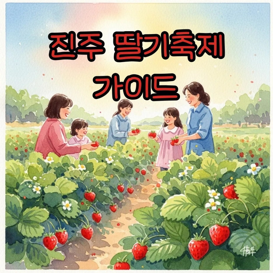 봄 햇살 아래 딸기를 수확하는 가족의 평화로운 풍경
