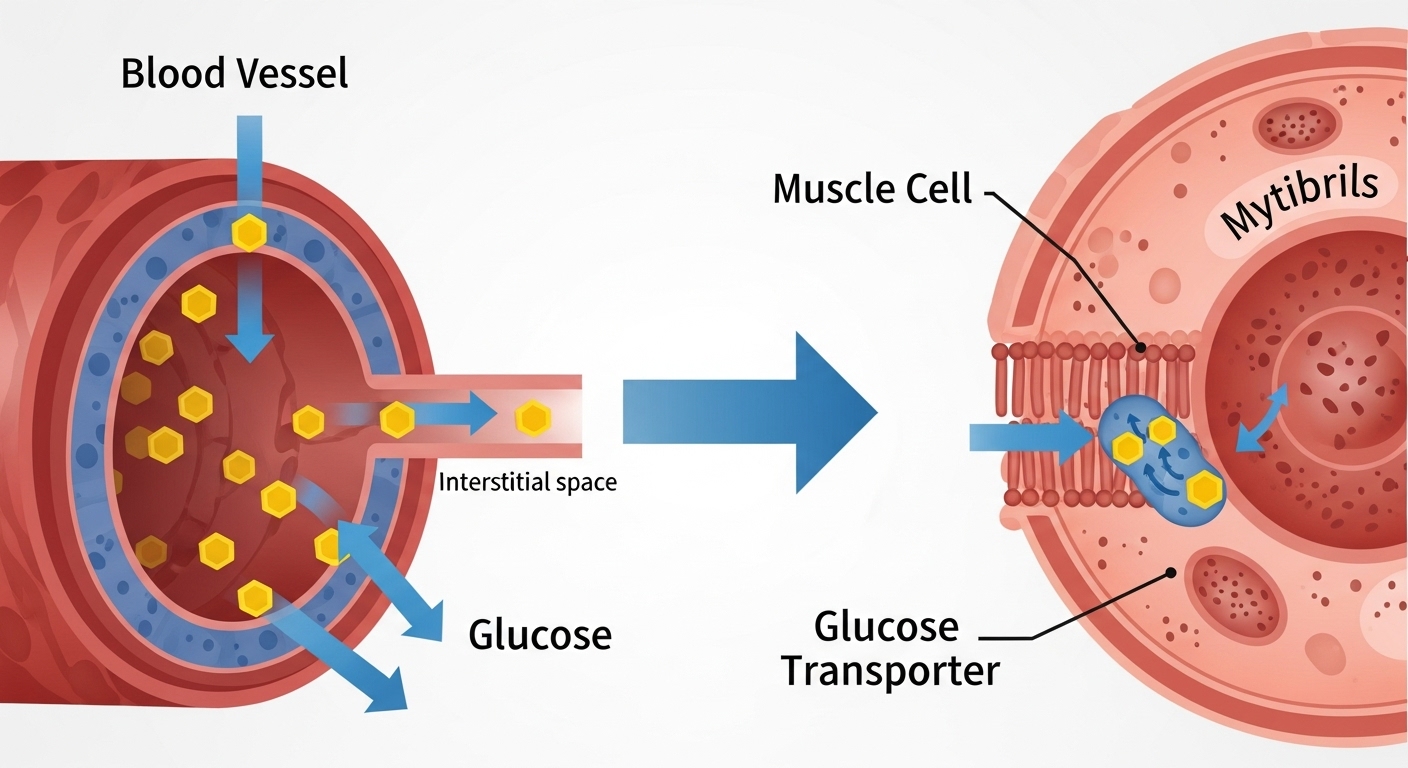 근육 세포가 혈액에서 포도당을 흡수하는 과정을 나타내는 인포그래픽, 식후 걷기의 혈당 강하 원리 설명.