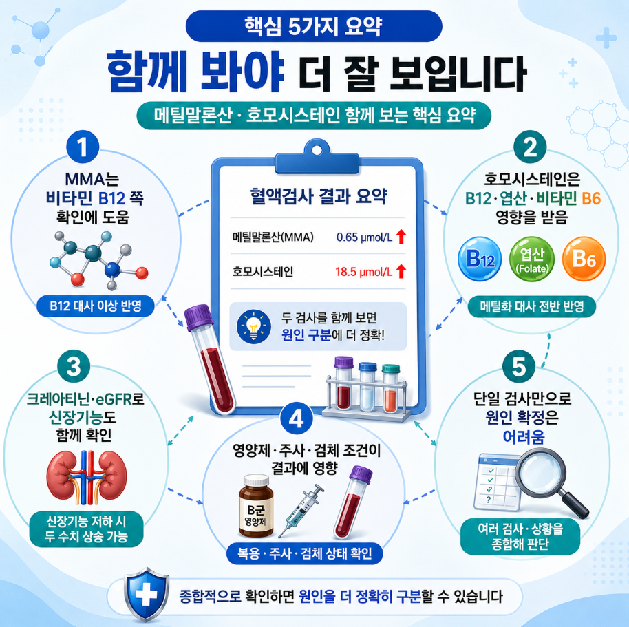 메틸말론산(MMA)과 호모시스테인을 함께 해석할 때 확인해야 할 핵심 5가지 요약 의료 인포그래픽