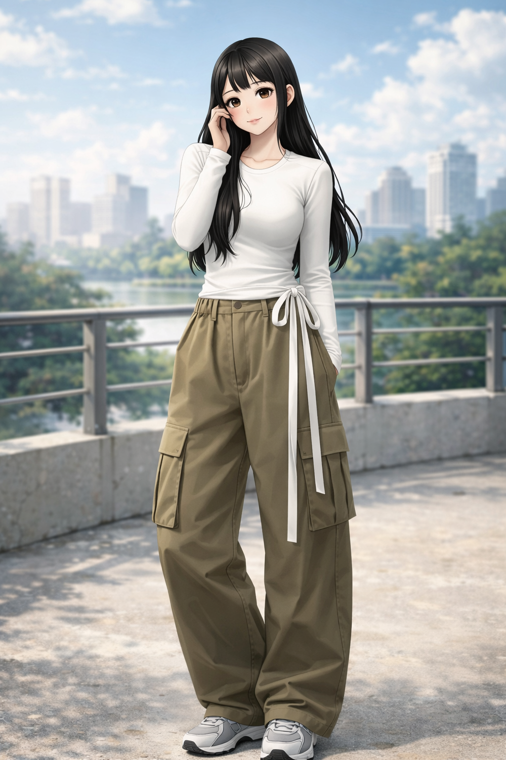 Basic long sleeve fitted tee with cargo pants outfit ballet core K-fashion casual mix style women