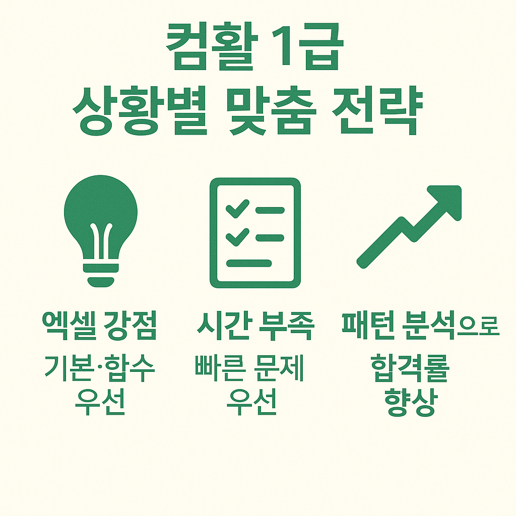 컴활 1급 실기시험에서 엑셀 강점자는 기본&middot;함수 우선, 시간 부족 시 빠른 문제 우선, 패턴 분석을 통한 합격률 향상 전략을 제시하는 이미지