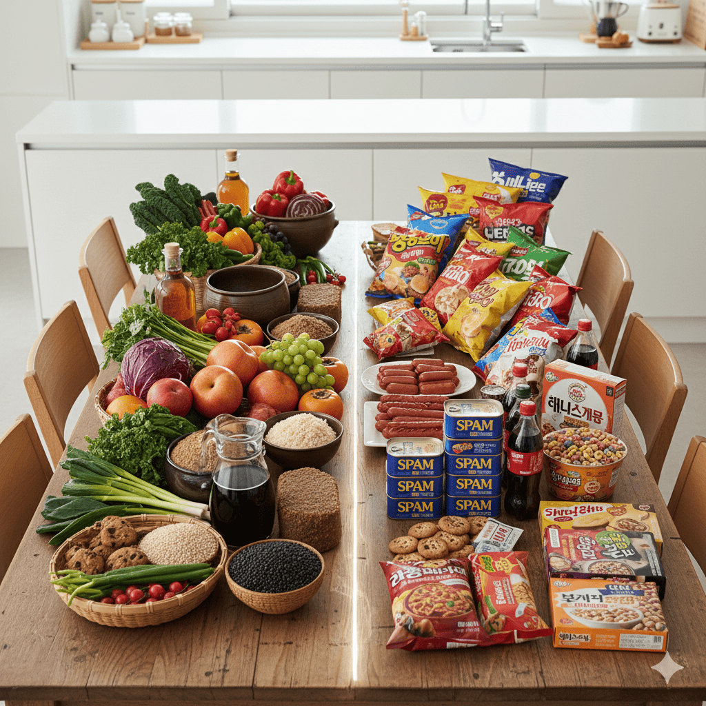 진짜음식과 가짜음식이 진열된 식탁