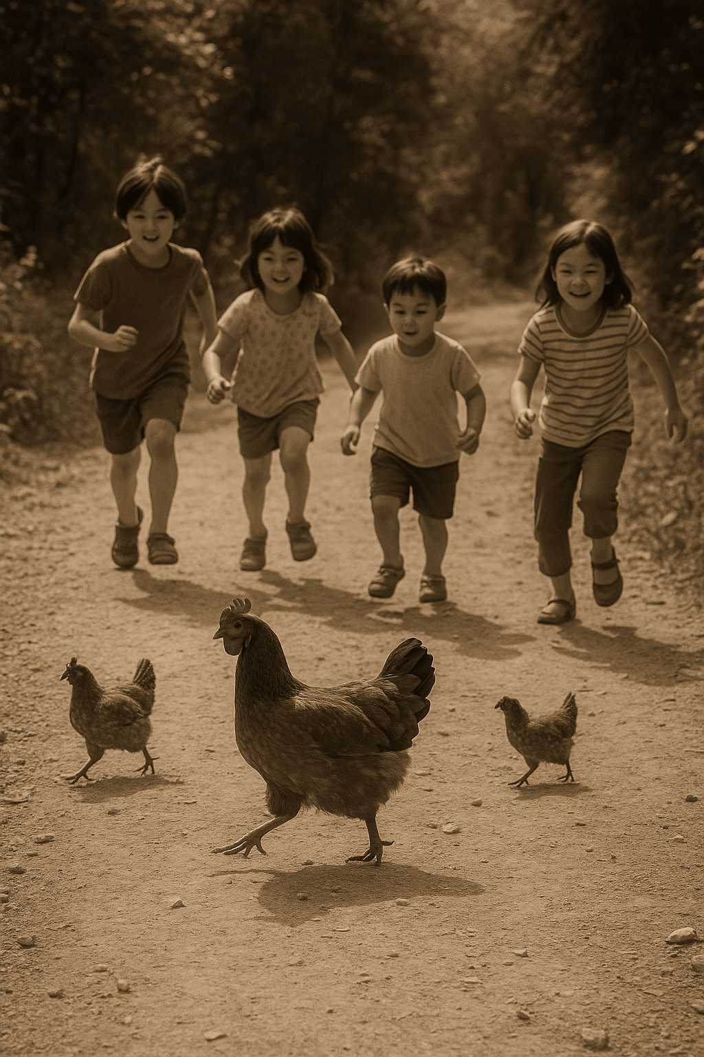 옛날 시골길에서 아이들이 닭을 쫓으며 뛰노는 복고풍 장면