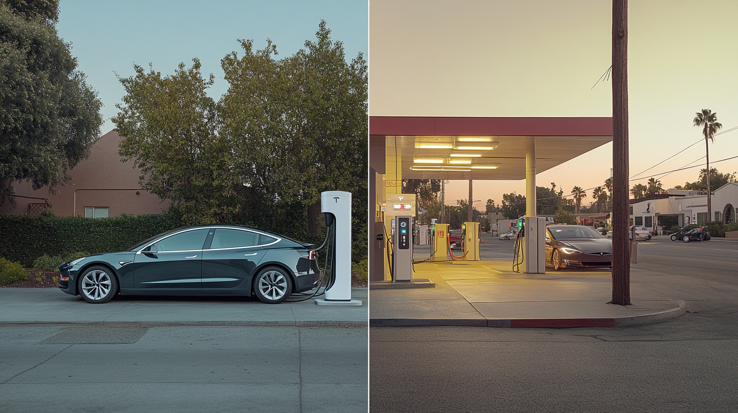 전기자동차 충전하는 사진과 내연기관 자동차 주유하는 사진