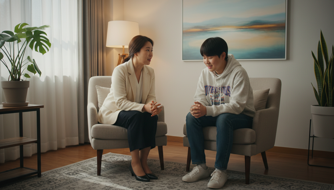 구미시 학교 밖 청소년 지원센터에서 멘토와 상담하며 미래를 논의하는 한국 청소년.