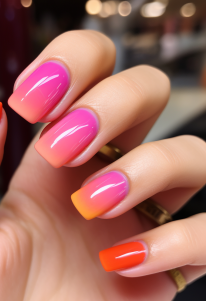 진핑크와 오렌지색이 어우러진 그라데이션 네일아트