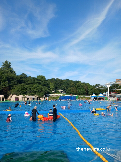 Blue skies and clear water – children floating and playing in a spacious outdoor pool. / 파란 하늘과 맑은 서울 어린이 대공원 수영장 물 속에서 자유롭게 노는 아이들.
