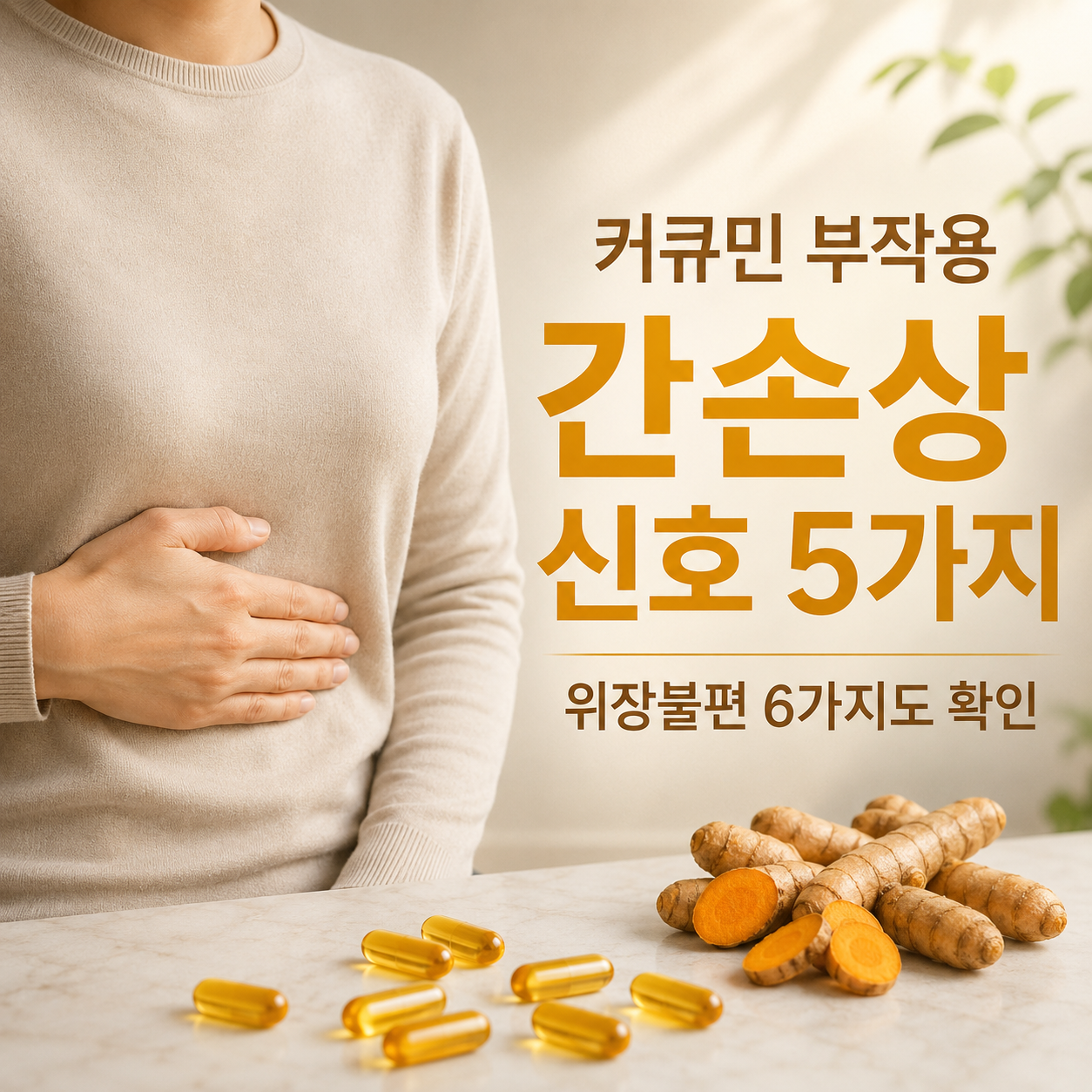 커큐민 보충제와 위장불편 및 간손상 경고 신호를 확인하는 대표이미지