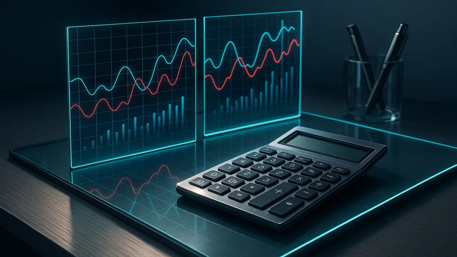금융투자소득세 관련 차트와 계산기가 놓인 책상 이미지