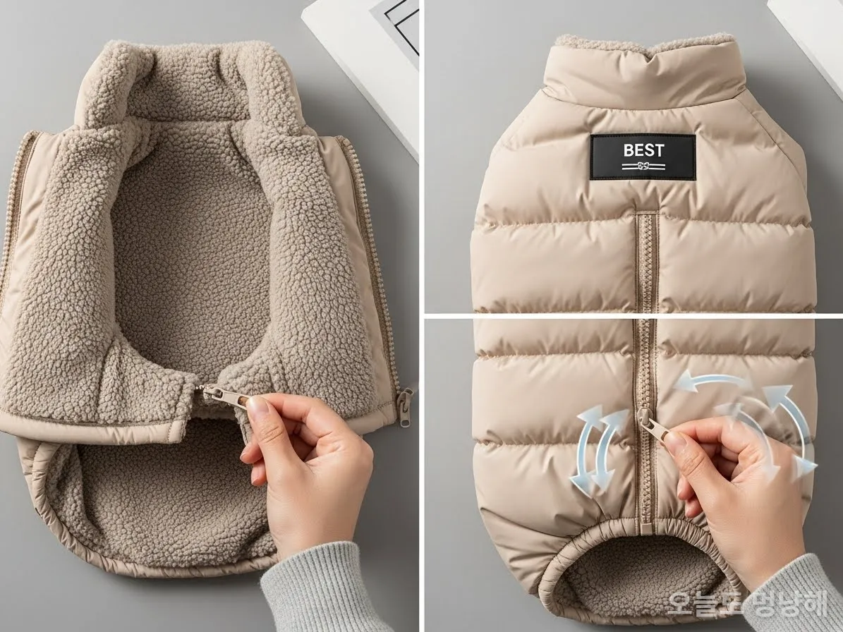 등 지퍼와 발열 안감이 특징인 베스트 아이템, 올인원 강아지 패딩의 디테일 컷