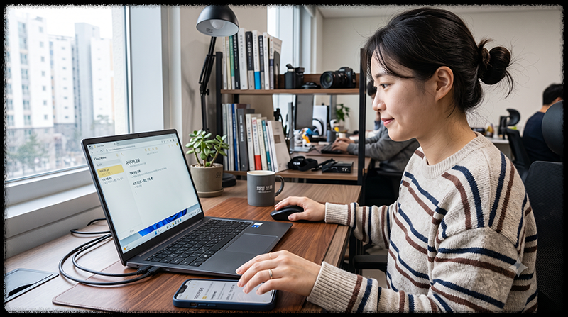 Windows 웹브라우저의 iCloud에서 아이폰 기본 메모를 확인하는 모습