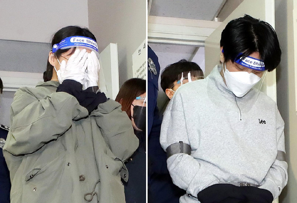 '계곡살인' 사건의 피의자 이은해(왼쪽)&middot;조현수씨가 2022년 구속 전 피의자 심문(영장실질심사)을 받기 위해 인천시 미추홀구 인천지방법원으로 들어서고 있다. 2022.04.19. [사진=뉴시스 ]