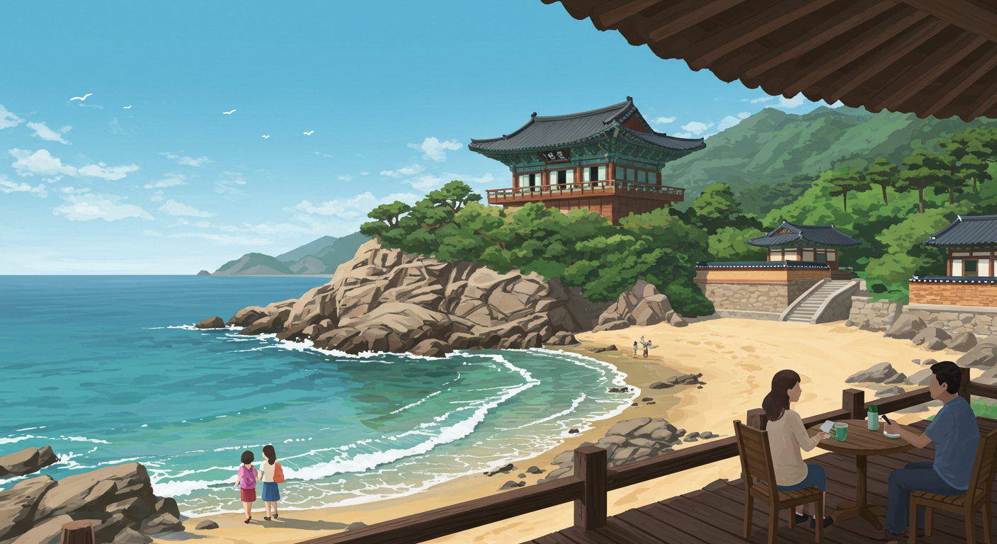 해동용궁사 경치와 바다 옆 카페에서 쉬는 부모님 모습