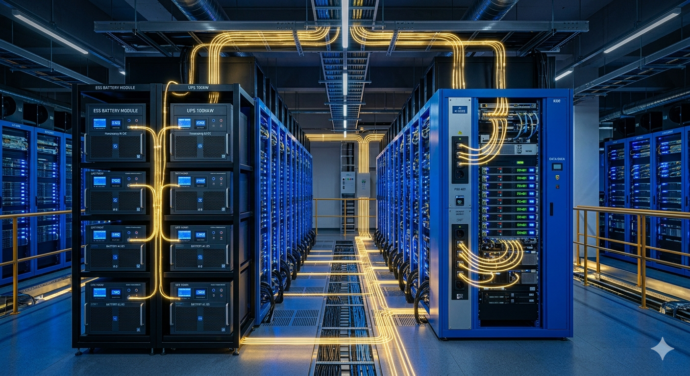 Gemini의 응답
데이터 센터의 서버 룸을 담은 이미지입니다. 왼쪽의 배터리 모듈에서 오른쪽의 서버 랙으로 황금색 빛줄기가 연결되어 있으며, 이는 서버 전력 시스템의 핵심인 ESS와 UPS가 안정적인 전력을 공급하는 모습을 시각적으로 보여줍니다.