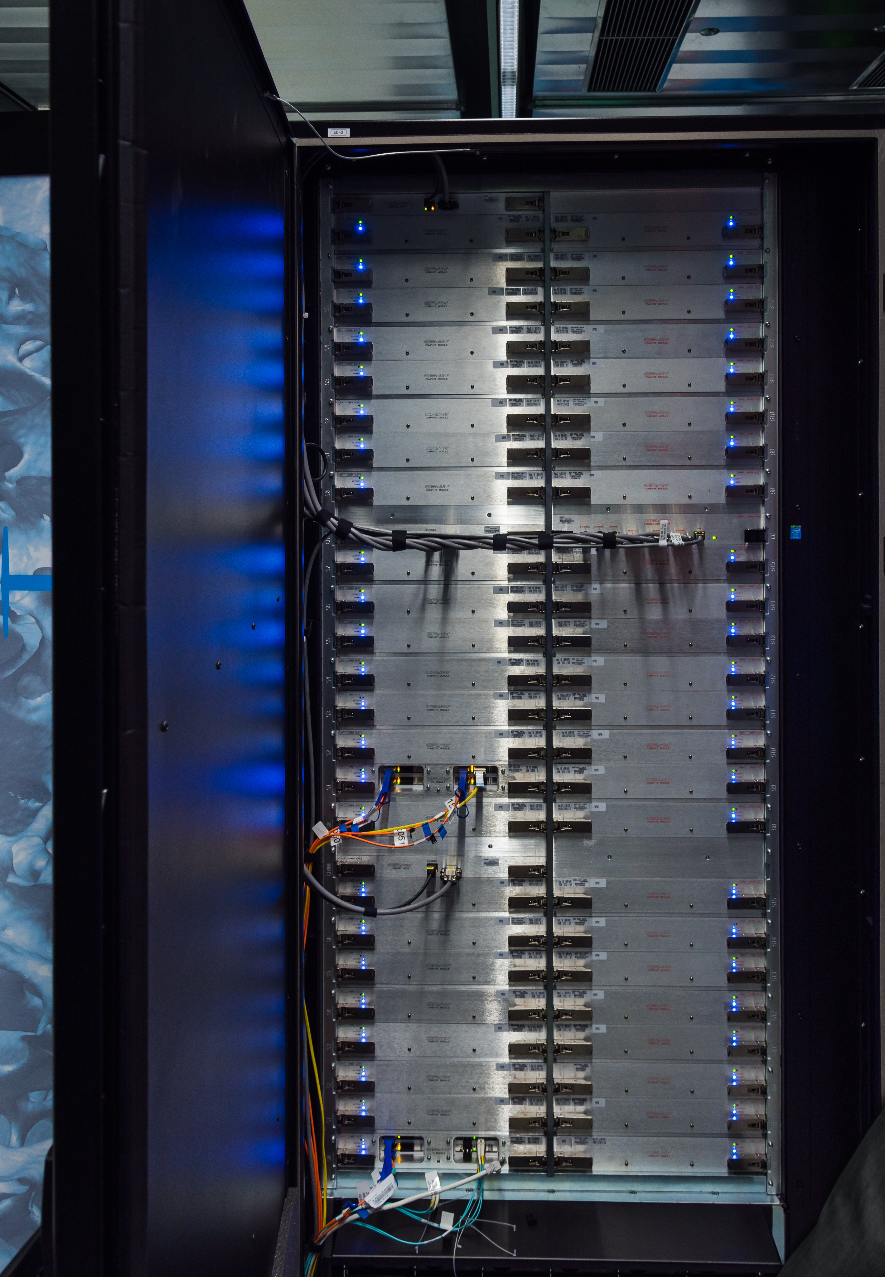 Cray XC40 (Hazel Hen) compute blades (front, 3 chassis with 16 blades each) with 4 nodes per blade, High Performance Computing Center Stuttgart (HLRS) of the University of Stuttgart.