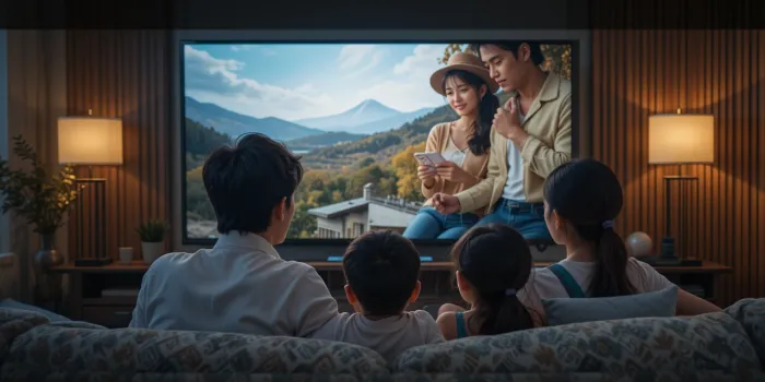 TV로 넷플릭스를 함께 보는 가족의 따뜻한 분위기