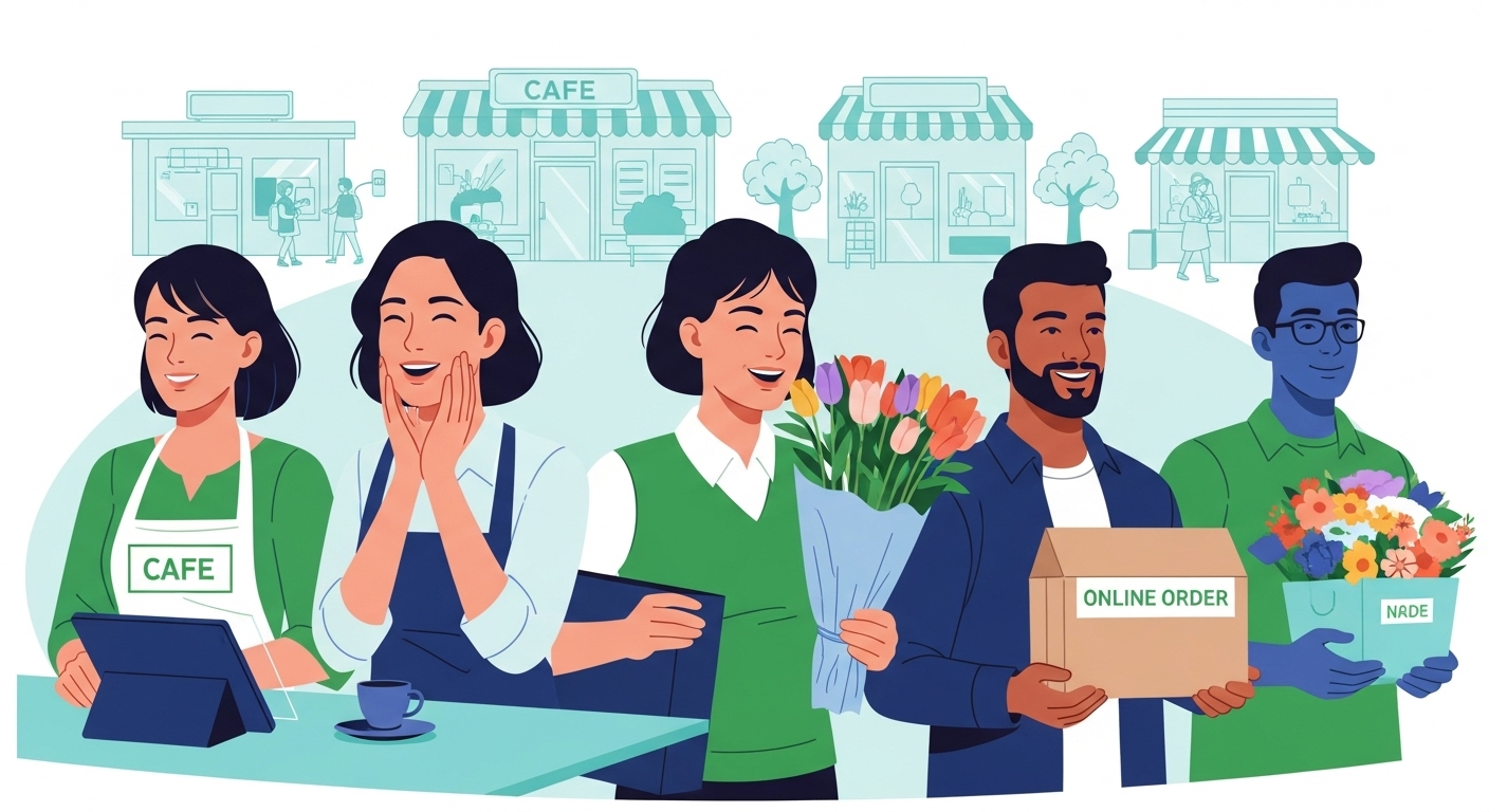 디지털 전환과 정부 지원으로 활기를 되찾은 소상공인과 자영업자들이 행복하게 사업을 운영하는 모습