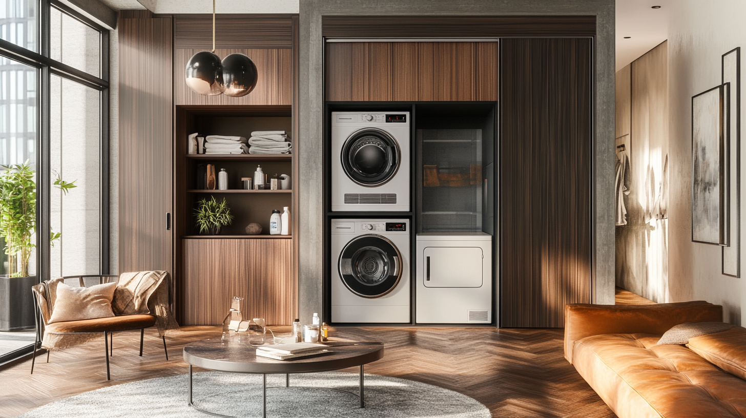 세련된 오픈형 거실에 숨겨진 세탁 공간. 고급 가전이 구비된 중세 현대 스타일의 아늑한 배치.