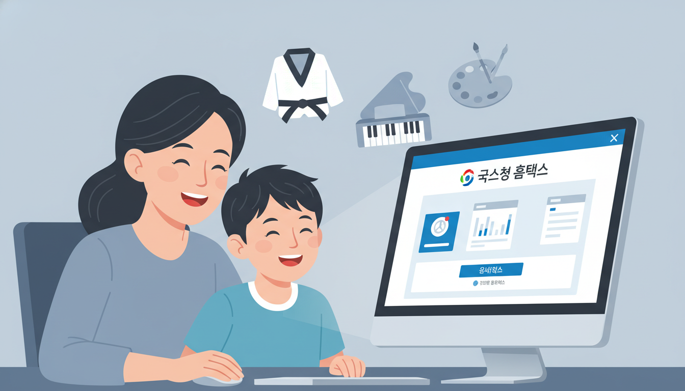 초등학생 자녀와 엄마가 홈택스를 통해 예체능 학원비 세액공제를 신청하며 기뻐하는 모습
