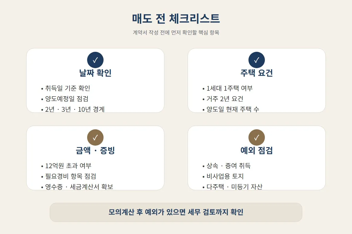 양도세 줄이려면 언제 팔아야 할까를 결정하기 전 날짜 주택 요건 금액 증빙 예외 항목을 사전에 점검하는 이미지