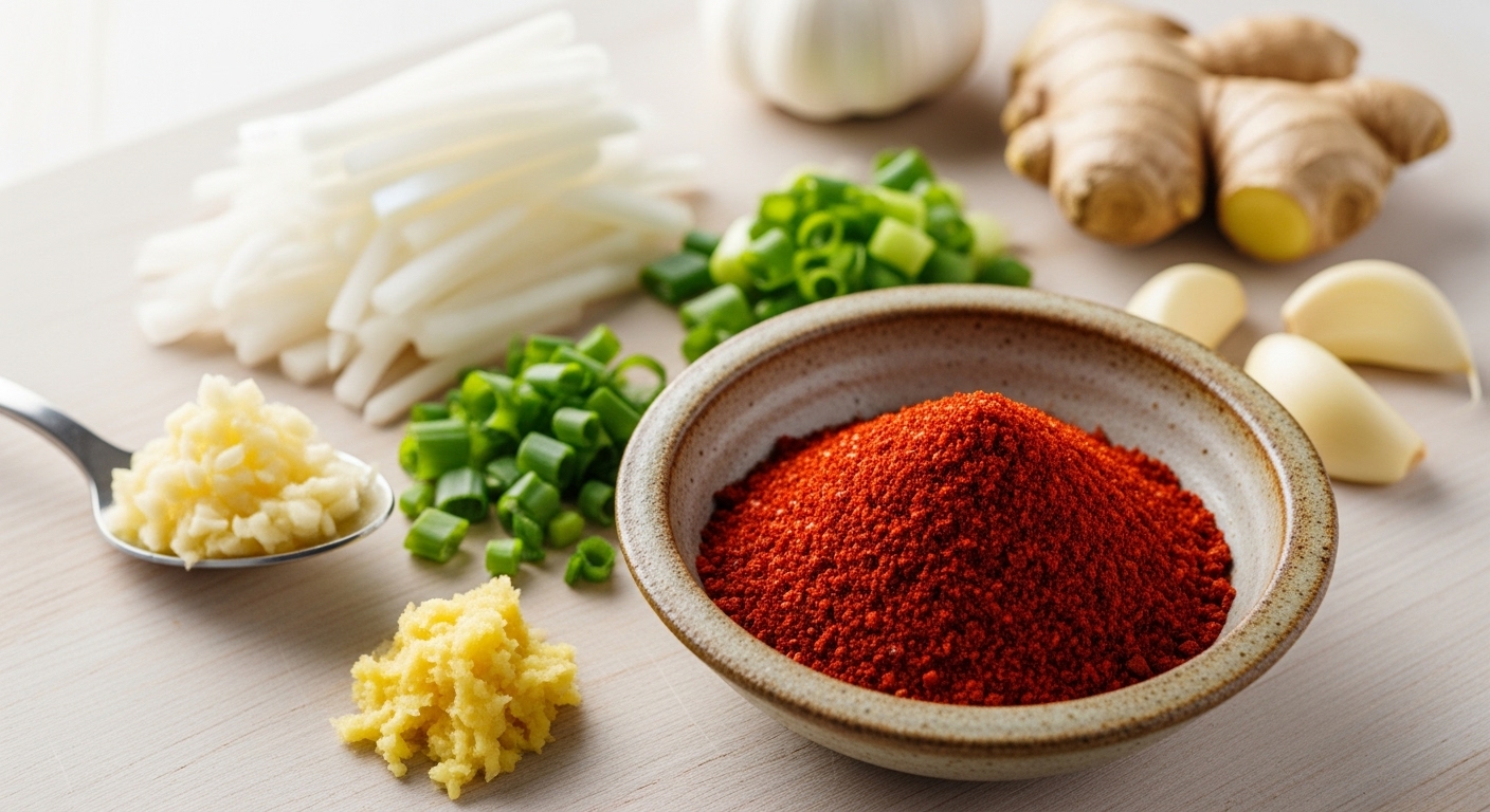 김치 양념을 위한 무채, 쪽파, 마늘, 생강, 고춧가루 등 신선한 속재료가 깔끔하게 준비된 모습