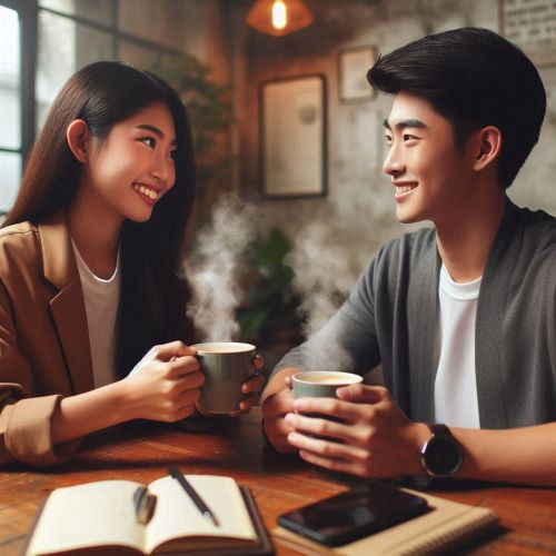 커피잔을 들고 담소를 나누는 남녀