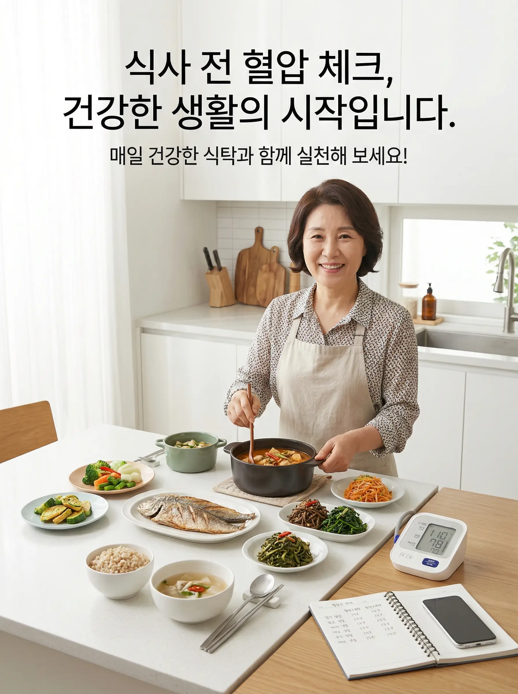 혈압 기록과 함께 건강한 식사를 준비하는 중장년 성인 이미지