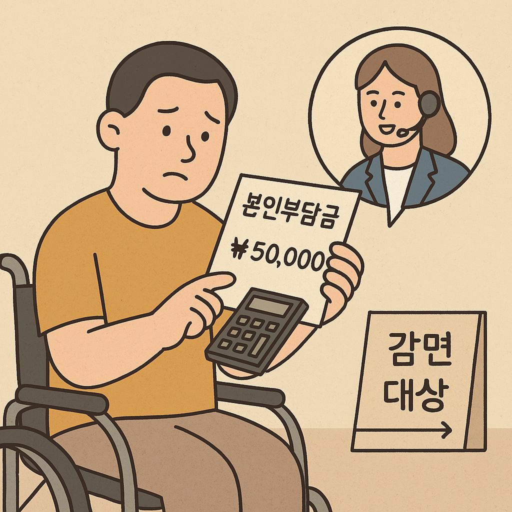 장애인이 활동지원금을 계산해보며 걱정하고 있는 이미지