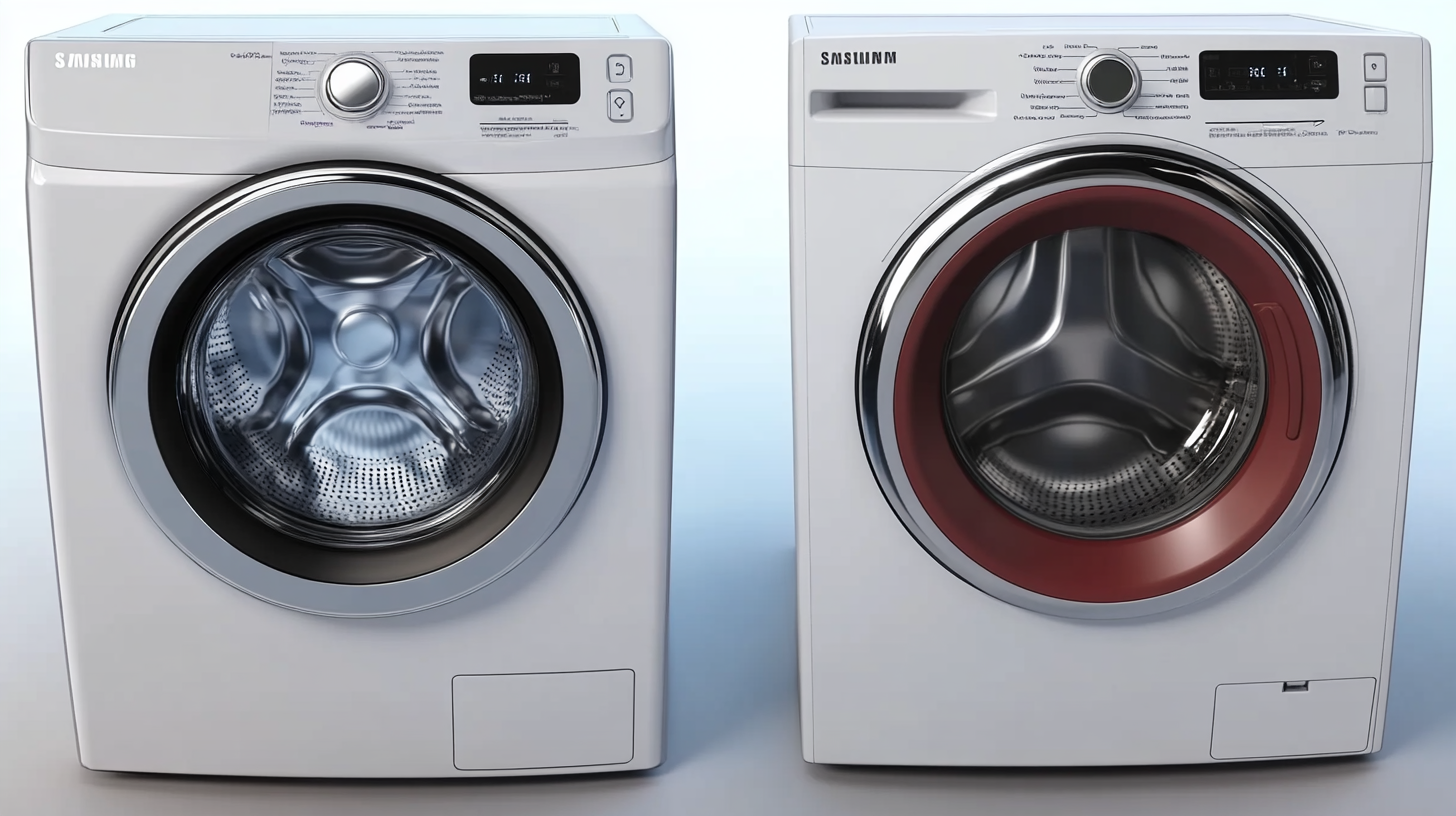 삼성 WF21D17CEEC와 경쟁사 세탁기를 나란히 비교한 이미지, 삼성 모델의 디자인 및 사용자 친화적 인터페이스를 강조.