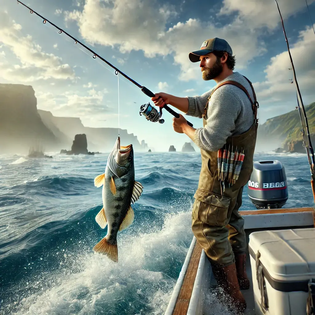 배 위에서 우럭을 낚아 올리는 낚시꾼의 모습